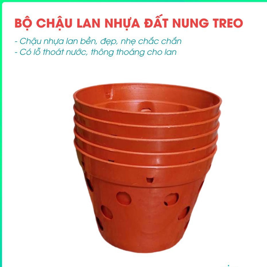 Bộ 10 Chậu Nhựa Trồng Lan, Hoa Kiểng Màu Cam Đất 14,17,21,23cm- Bền, Dẻo, Có Lỗ Thoát Nước, Có Thể Cài Móc Treo Lên Cao
