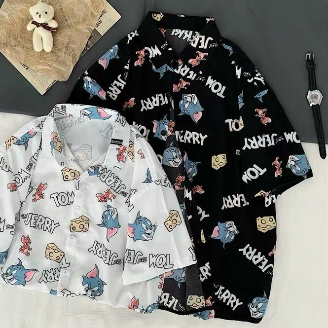 Áo sơ mi họa tiết tay lỡ TOM and JERRY màu TRẮNG/ ĐEN - Nam Nữ Unisex | BigBuy360 - bigbuy360.vn