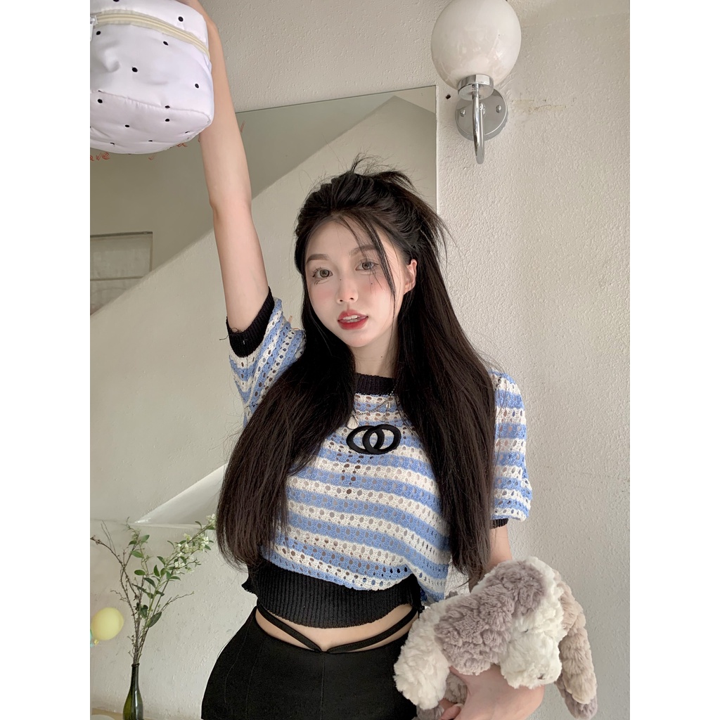 Cocory vn Áo Thun Tay Ngắn Dáng Ôm Họa Tiết Kẻ Sọc Quyến Rũ Thời Trang Mùa Hè Mới Cho Nữ