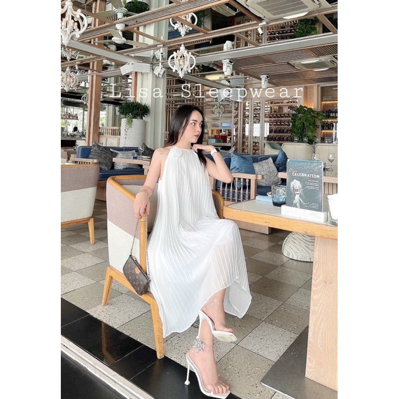 Đầm maxi hai dây dập ly phối hoa nhỏ siêu dễ thương hình thật