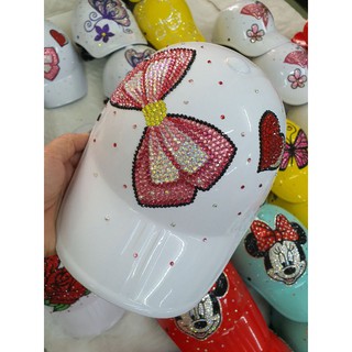 NÓN BẢO HIỂM ĐÍNH ĐÁ CAO CẤP THEO YÊU CẦU (hình nơ hồng)