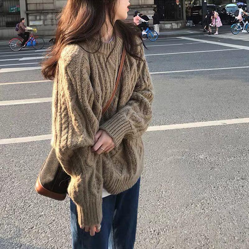 Áo Len Dày Dặn Cổ Tròn Dáng Rộng Phong Cách Hàn Quốc Thời Trang Thu Đông