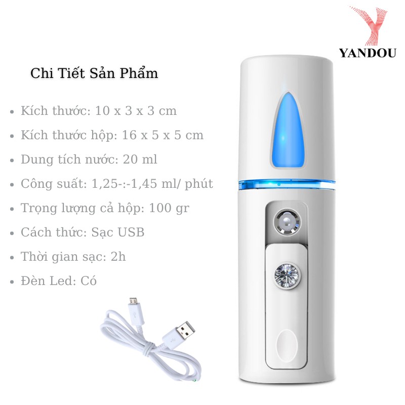 [Mã LTBAUAB15 giảm 7% đơn 99K] Máy phun sương Nano Yandou L8 dưỡng ẩm da mặt kèm cáp sạc USB