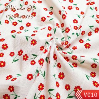 Vải thô đũi hoa đỏ nền trắng - V010