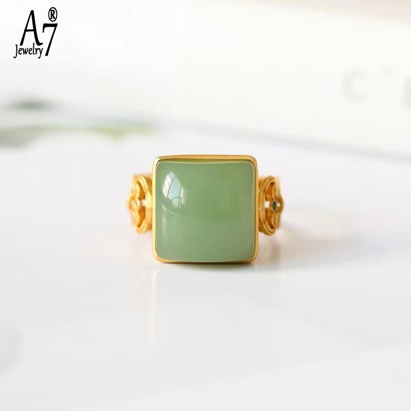 Nhẫn Bạc 925 A7Jade Kiểu Hở Đính Đá Ngọc Bích Cổ Điển
