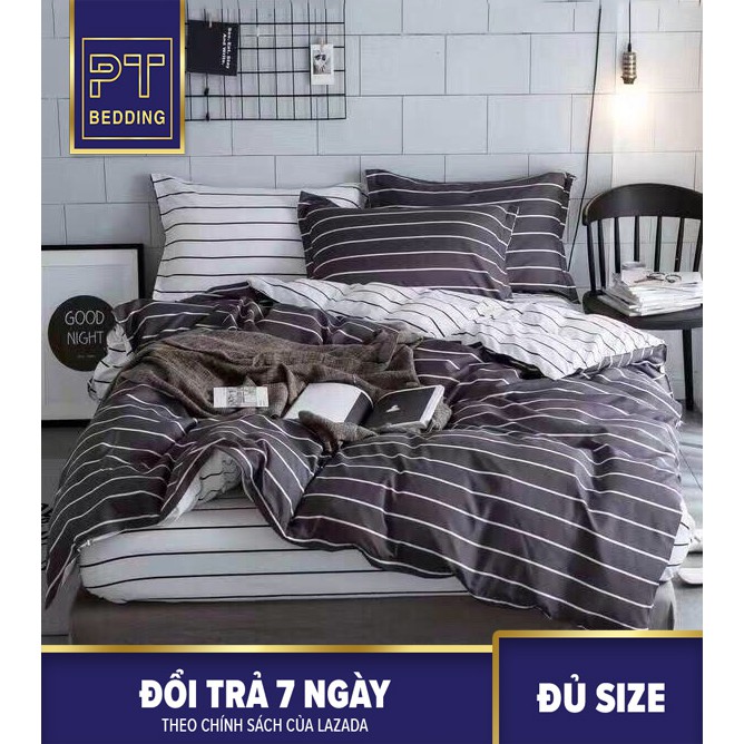 Bộ Chăn Ga Gối ( 01 Drap + 1 vỏ mền + 2 áo gối ) Sọc Trắng Đen