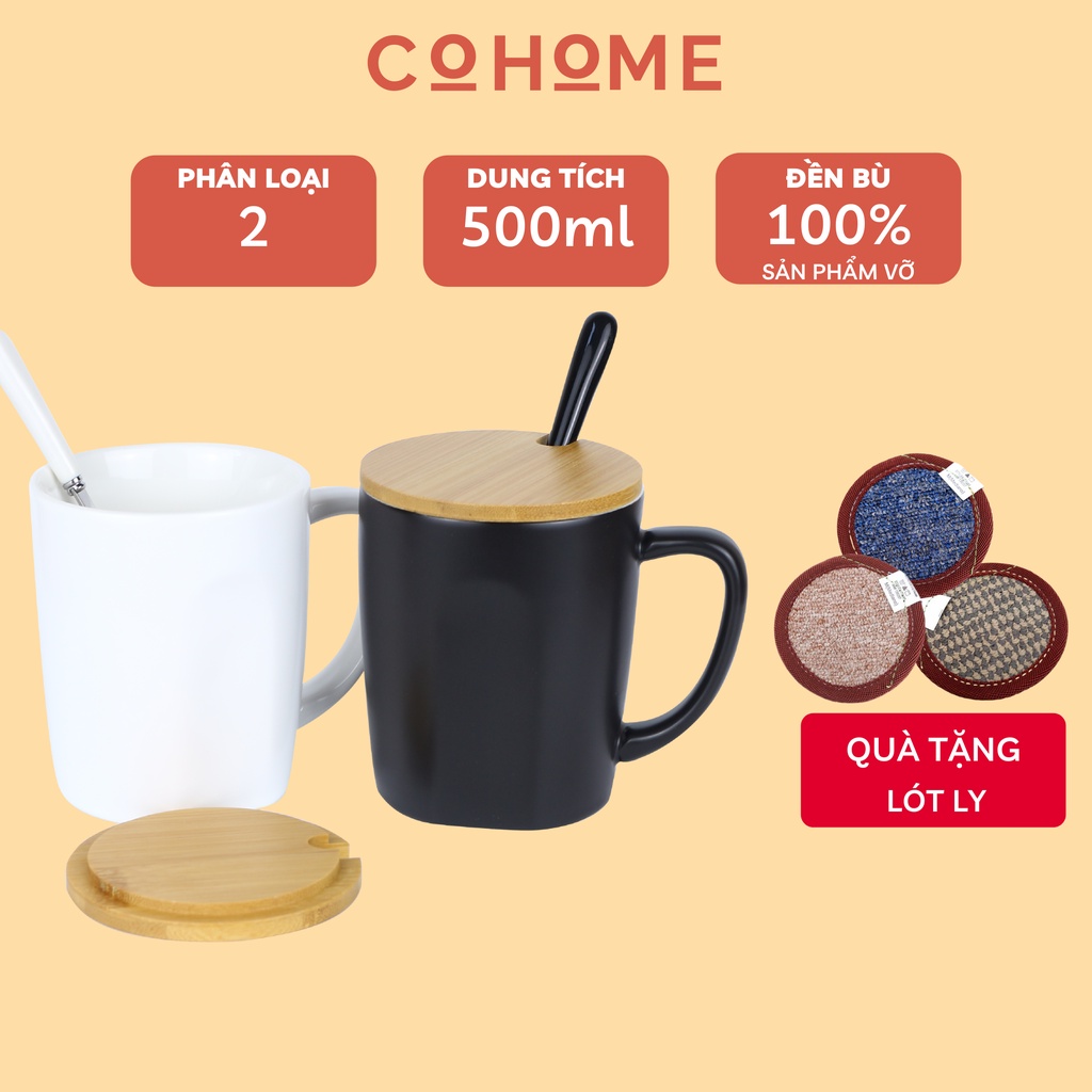 Cốc cà phê, cốc uống nước 500ml cao cấp, có nắp đậy và thìa pha cà phê, pha trà