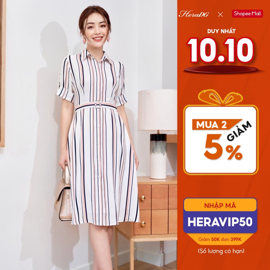 Đầm Công Sở Dáng Xòe Nữ HeraDG Thiết Kế Cổ Đức Họa Tiết Kẻ Sọc, Chất Vải Mềm Mịn Chống Nhăn Xù SDCBA010