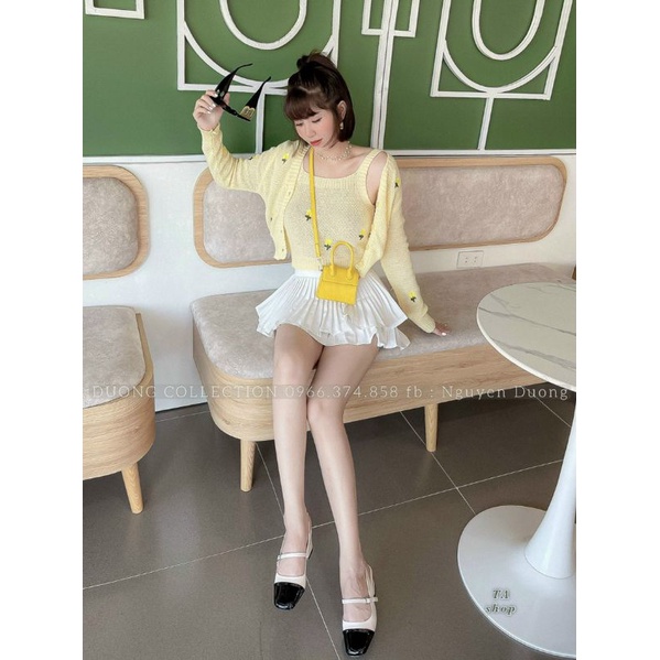 Sét Áo Len 2 Dây Kèm Áo Khoác Cadigan Hoa Nổi, Sét Áo Hoa Nổi- Sét Áo Len Cadigan Hàng Quảng Châu Cao Cấp Kèm Ảnh Thật