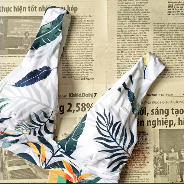 Áo Croptop Bikini nữ đồ bơi đi biển 2 mảnh 2 dây bản to chui đầu trắng cổ tim họa tiết lá cọ lông chim có mút