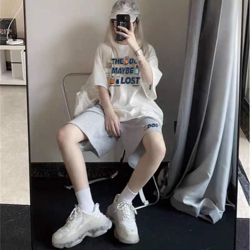 Bộ Thun Cộc Tay MAYBE Nữ[ FREESHIP ]Set đồ mặc hè form rộng, quần short xám in hình cute