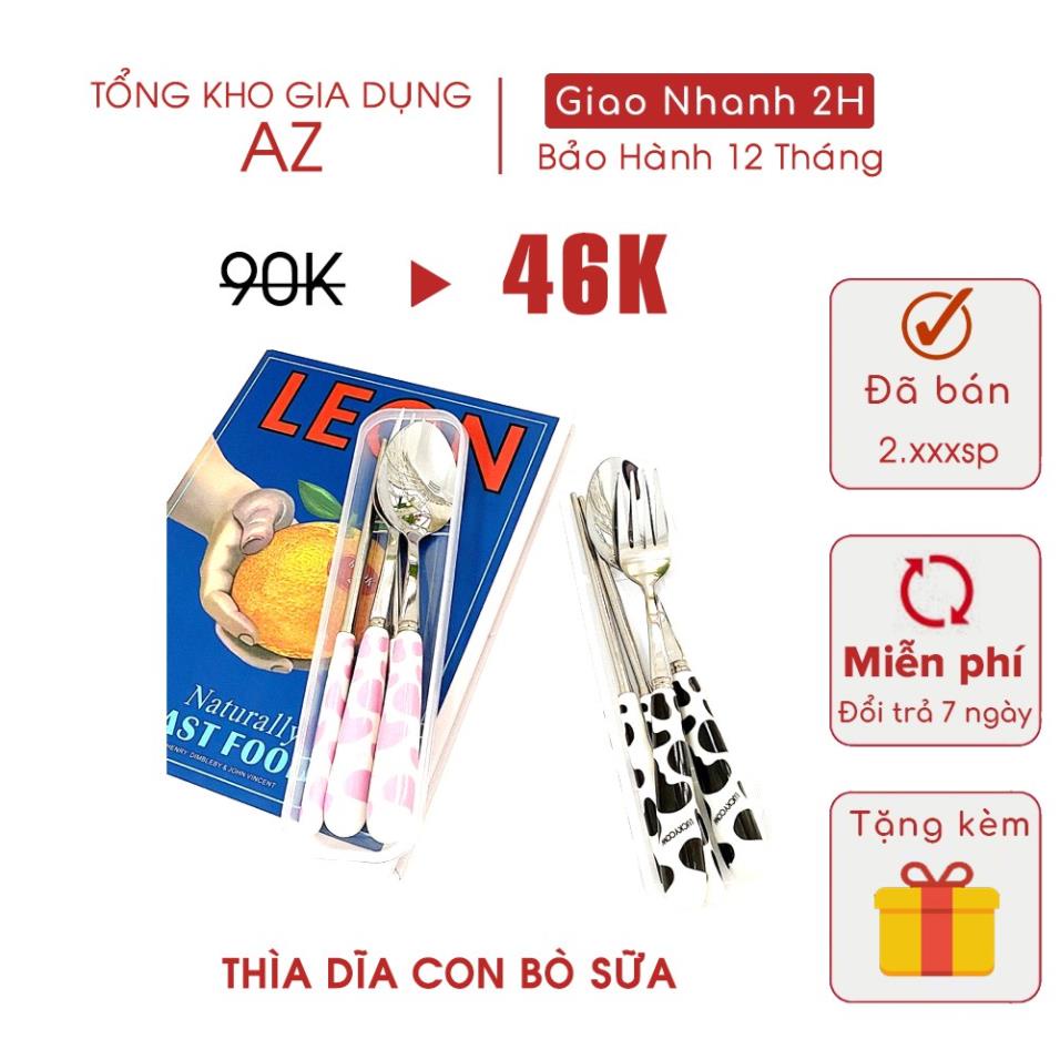 Bộ thìa dĩa bò sữa 4 chi tiết siêu kute, chất liệu inox, chuôi cầm bằng sứ có hộp đựng, mang ăn cơm văn phòng, bé đi học