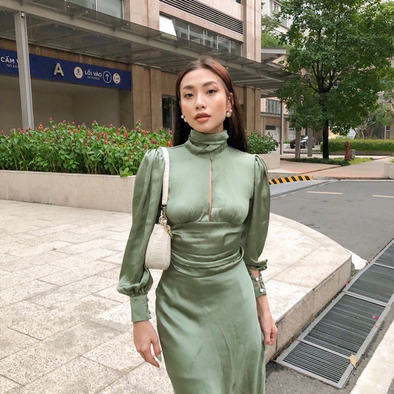 set lụa xếp li cổ hình thật 100%