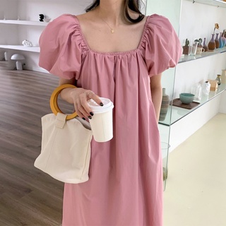 Váy tay phồng cổ vuông suông dài rộng đơn giản vintage nhẹ nhàng Hàn Quốc màu hồng/đen