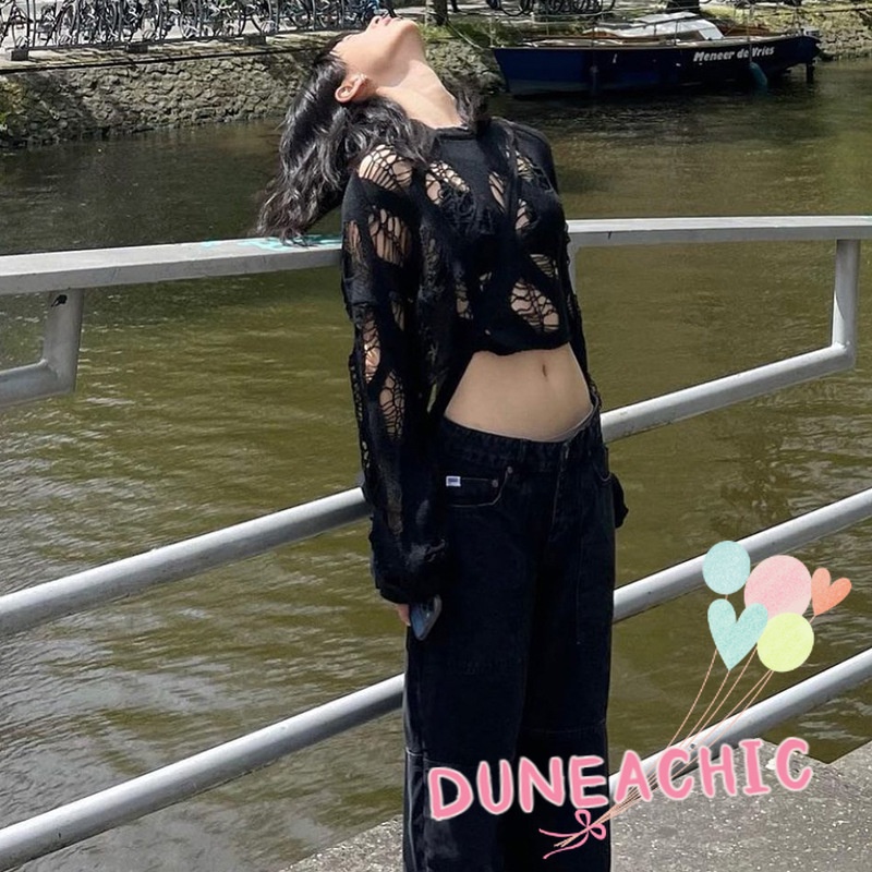 DUNEA Áo Sweater Dệt Kim Cổ Tròn Dài Tay Dáng Rộng Gợi Cảm Dành Cho Nữ