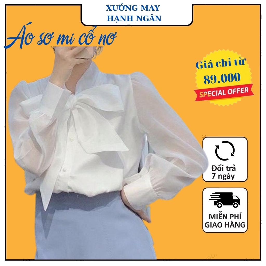 Áo sơ mi trắng HANNA kiểu nữ cổ nơ tay phồng đẹp form rộng công sở nữ freesize 42 đến 56kg A002 xưởng may Hạnh Ngân | BigBuy360 - bigbuy360.vn