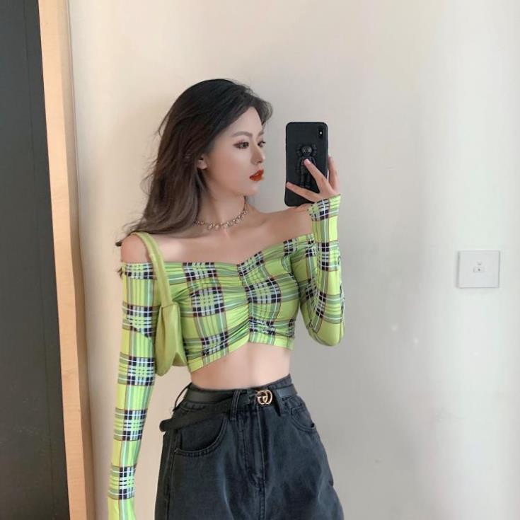 Áo croptop hở bụng nữ tay dài hạ vai gợi cảm sọc xanh lá ulzzang Đẹp *