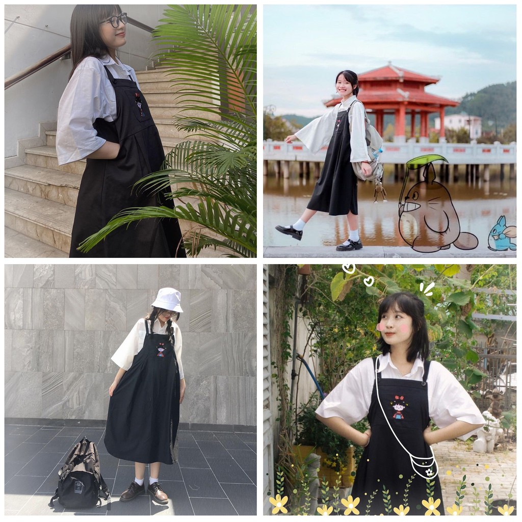 Váy Yếm Suông Thêu Hình Cô Bé Siêu Cute Đầm Yếm Nữ Dễ Thương LD019 | BigBuy360 - bigbuy360.vn