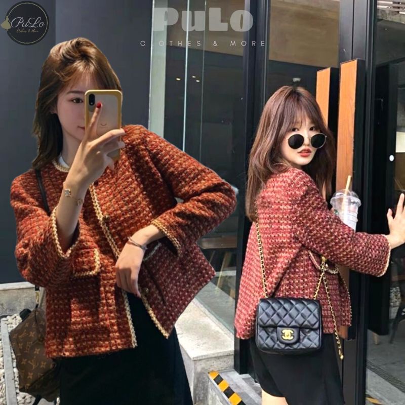 Áo khoác dạ tweed đỏ vintage dáng ngắn 2 lớp cổ viền dệt nổi đẹp túi nắp KD004