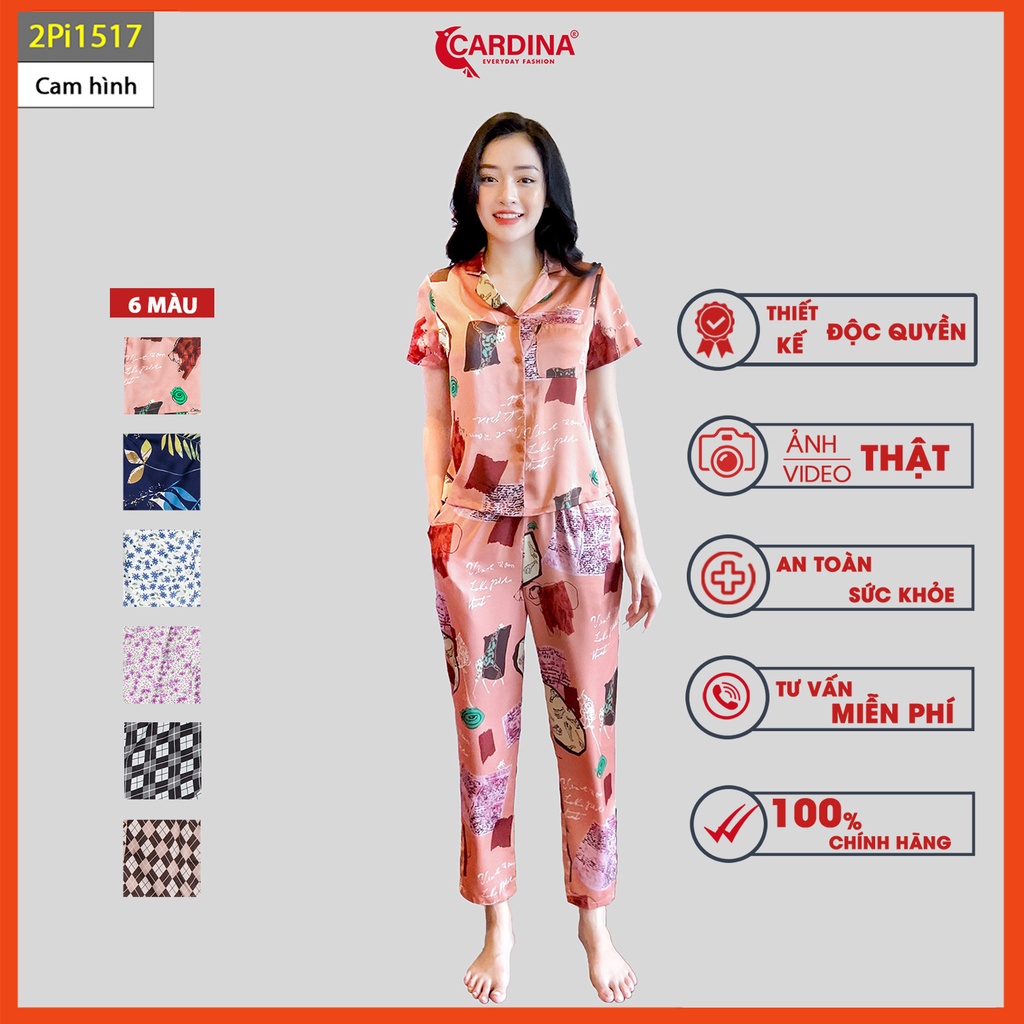 Đồ bộ pijama nữ CARDINA chất lụa satin Nhật cao cấp quần dài áo cộc tay họa tiết tinh tế trẻ trung 2Pi15