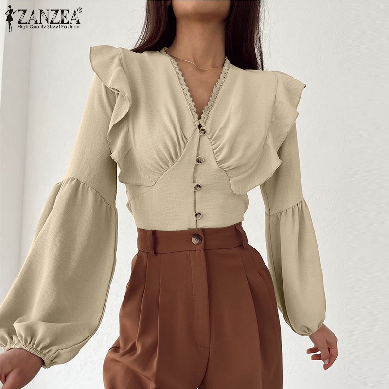 Zanzea Áo Nữ Tay Dài Phồng Cổ Chữ V Thời Trang Châu Âu
