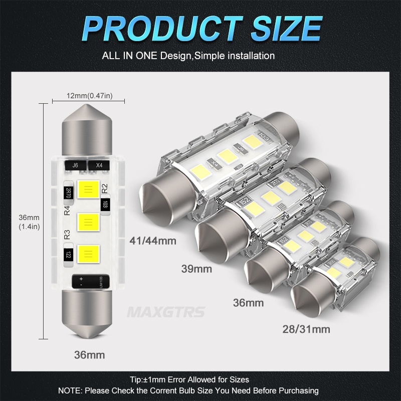 2 Đèn Led MAXGTRS 31 36 39 41mm C5W 3 SMD 3030 tự động không lỗi chất lượng cao cho xe hơi