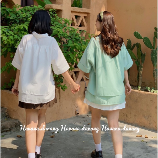 Áo kiểu nữ cộc tay babydoll form rộng A8211 xẻ tà bánh bèo túi ngực ulzzang hàn quốc màu xanh trắng cao cấp - CHAKOVET