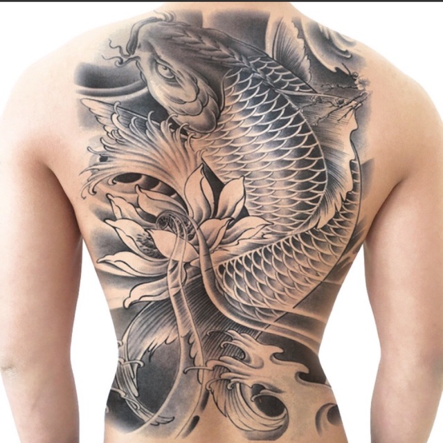 Hình xăm dán kín lưng tattoo săm hình cá chép Hoa sen