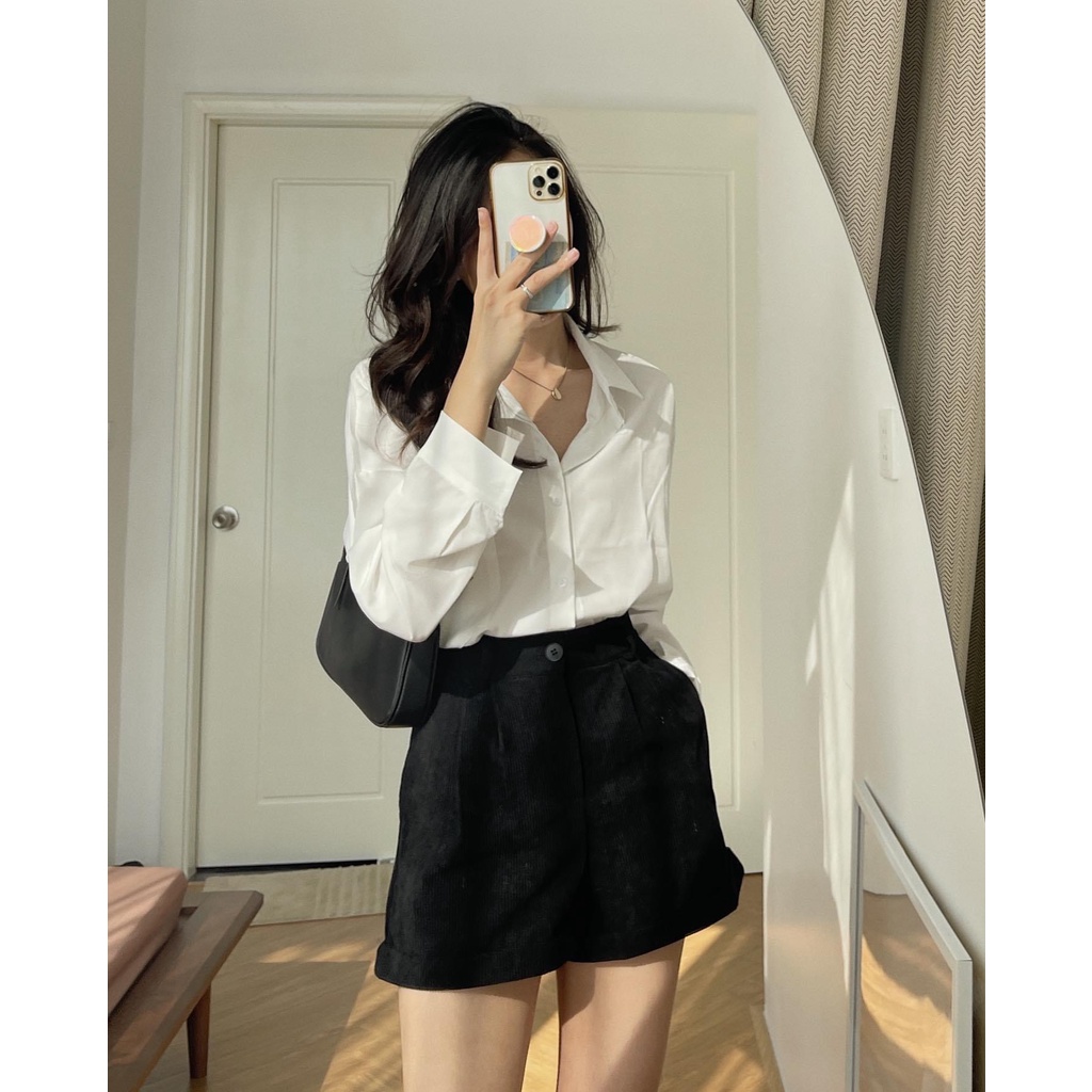 Áo dài tay trắng, Áo sơ mi trơn cổ bẻ túi ngực dáng suông đơn giản unisex Daski