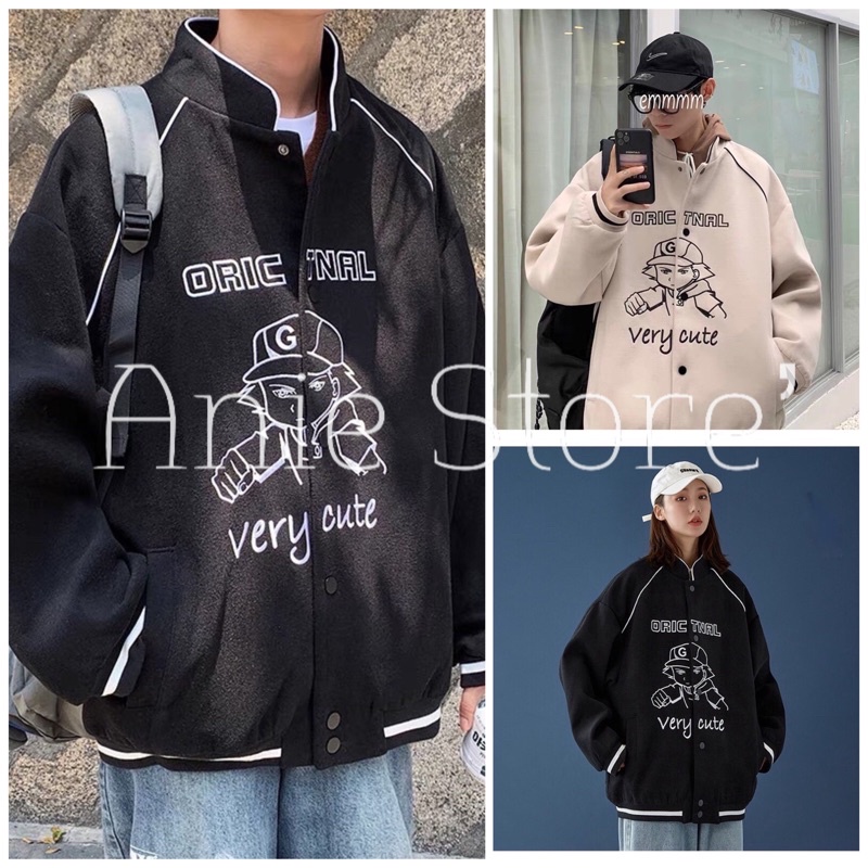 Áo Bomber Unisex Cậu Bé VERY CUTE 🦋 Áo Khoác Nỉ Nam Nữ Dáng Rộng Cúc Bấm 2 Màu 🦋