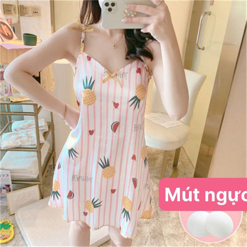 Váy ngủ 2 dây Nữ đầm ngủ lụa mềm mịn, thoáng mát cho mùa hè- Váy mặc nhà, váy ngủ dễ thương V2D290