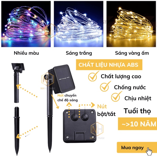 Dây Đèn Led Chống Nước Đom Đóm Năng Lượng Mặt Trời Trang Trí Ban Công, Sân Vườn,Quán Cafe, Tiểu Cảnh...