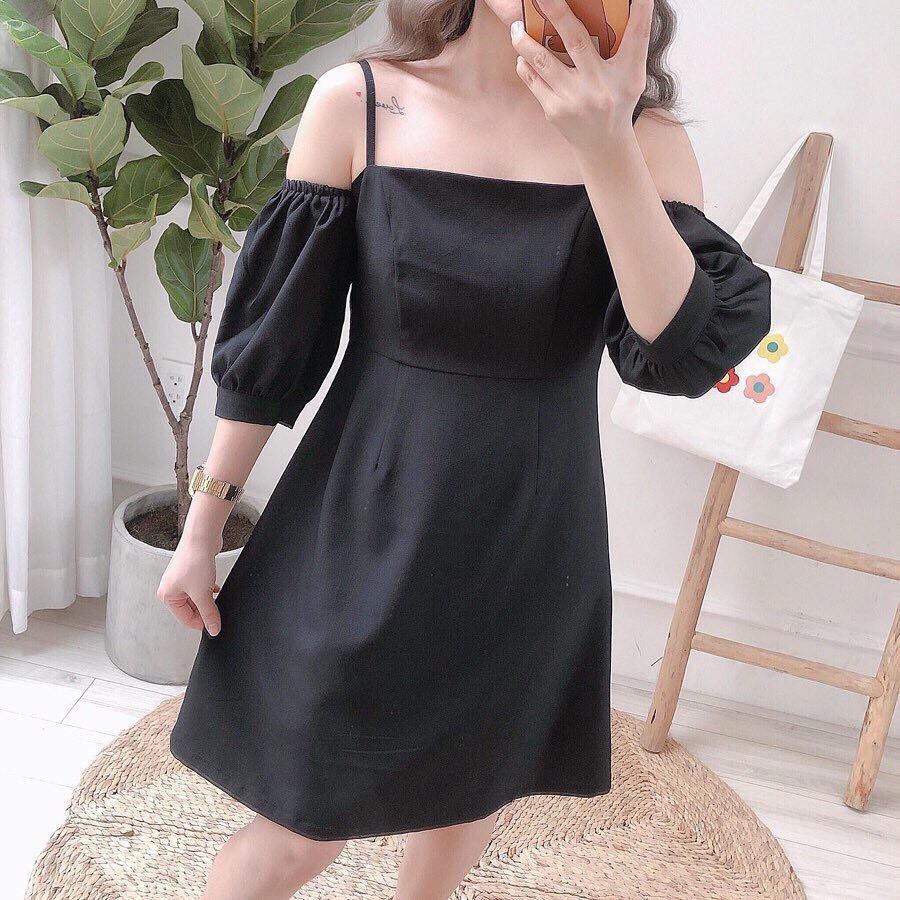 Đầm 2 dây rớt vai tay bo