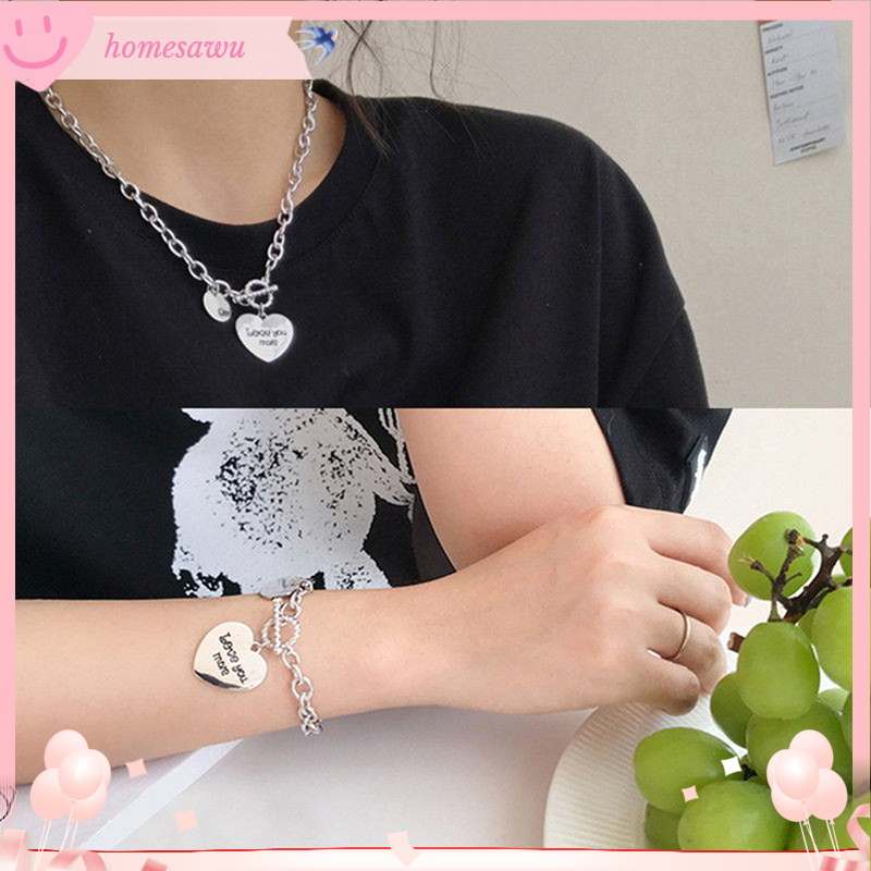 【HSU】Dây Chuyền/ Vòng Tay Kim Loại Phối Mặt Hình Trái Tim Khắc Chữ Thời Trang Cho Nữ