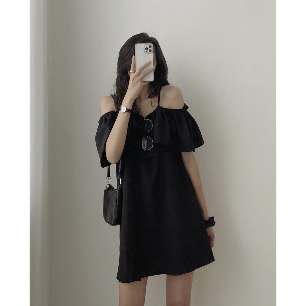 Váy 2 Dây Trễ Vai Rủ chất Đũi  Đầm babydoll bánh bèo form rộng màu ĐEN | TRẮNG | XANH Ulzzang