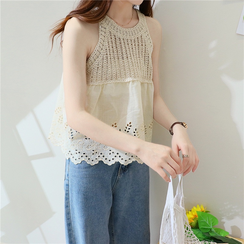 Áo kiểu nữ cổ yếm sợi móc mix vải thô boi viền hoa phong cách Hàn Quốc