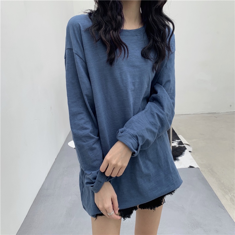 Áo Thun Cotton Tay Dài Dáng Rộng Màu Sắc Đơn Giản 53970
