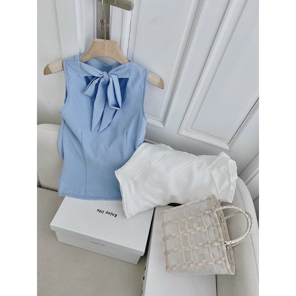 ❤️Set áo xanh khoét ngực thắt nơ + short trắng ❤️❤️