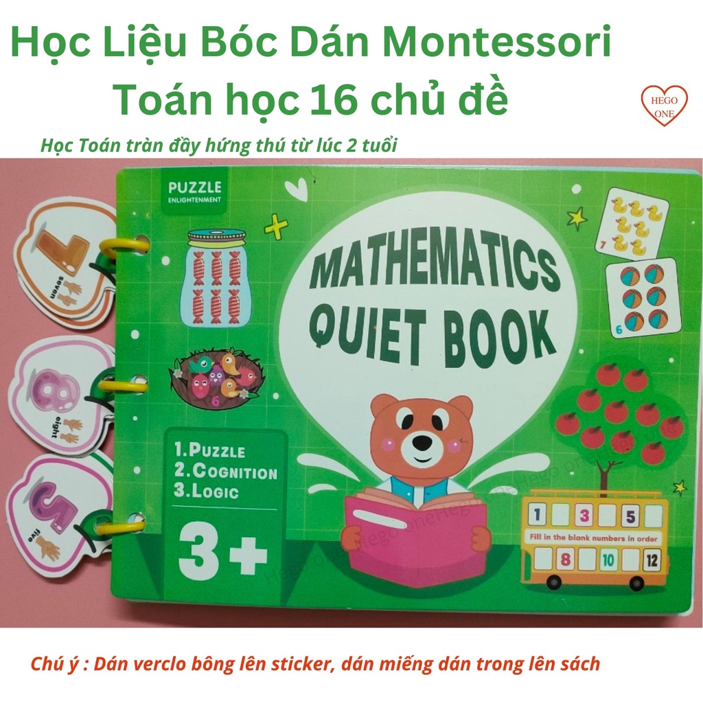 Học liệu bóc dán Montessori toán học , sách bóc dán xanh giúp bé học toán dễ dàng với các stiker dễ thương