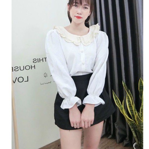 Áo Kiểu Nữ Dài Tay, Đính Khuy Bọc, Cổ Sen Tiểu Thư Xinh Xắn