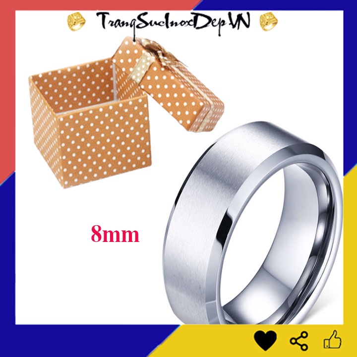 Nhẫn inox bản 8mm vát cạnh 2 bên sáng đẹp, không đen hợp thời trang, tặng hộp đựng xinh xắn