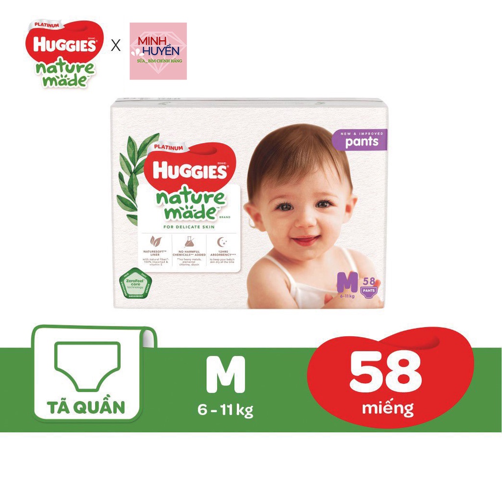 Tã - Bỉm quần Huggies Platinum nature made M58 (6-10kg) _Hàng mới,có sẵn