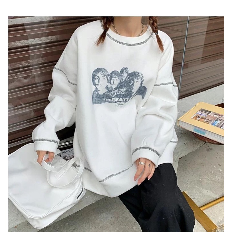 Áo hoodie form rộng không mũ tay dài họa tiết chỉ nổi in hình The Beatles dáng unisex 1st clothes | BigBuy360 - bigbuy360.vn