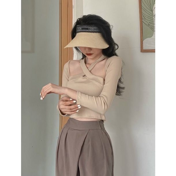 Áo thun kiểu nữ chéo vai tay dài sexy Michi,áo croptop nữ tay dài