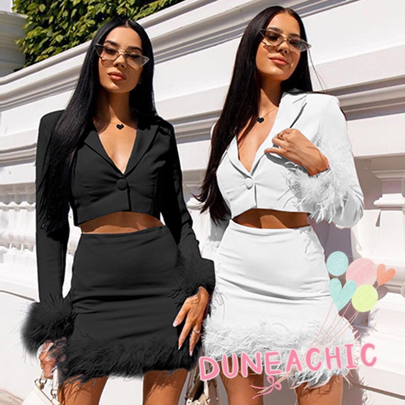 DUNEA Set đồ gồm áo dài tay dáng ngắn và chân váy ôm thời trang thanh lịch cho nữ