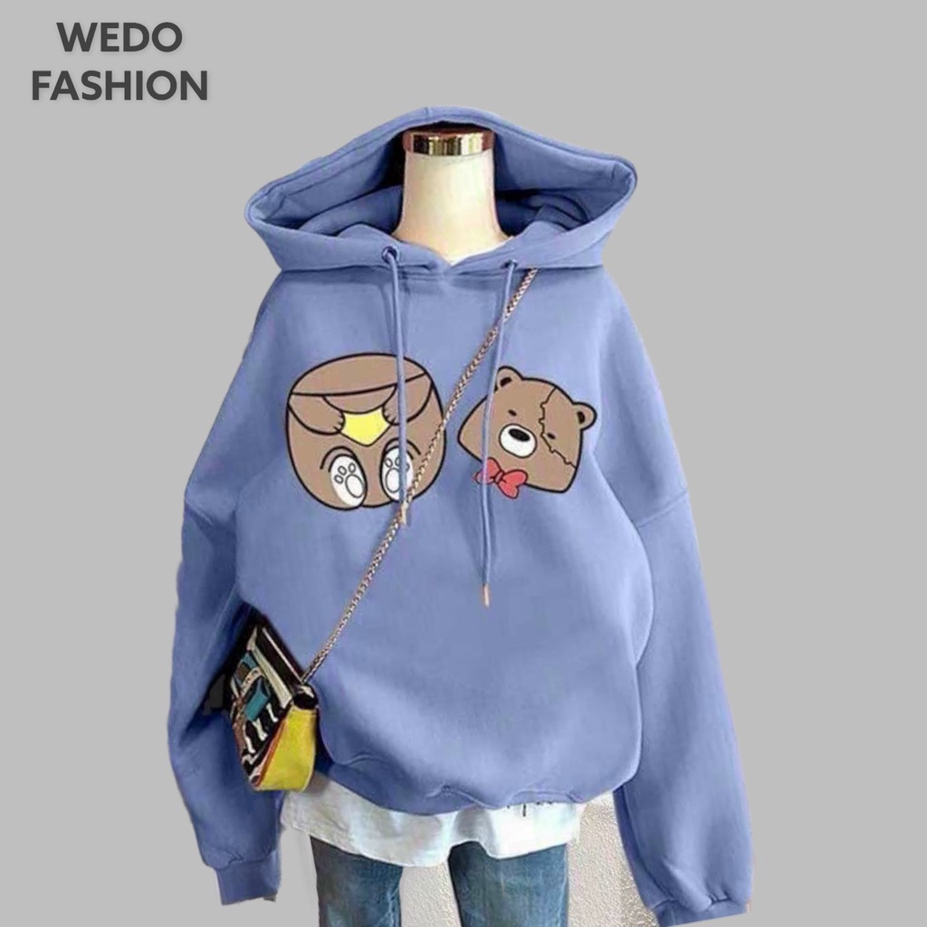 Áo hoodie nữ in GẤU MASHA, thiết kế áo form rộng chất vải nỉ ngoại dày dặn phối nón chùm đầu ấm áp WEDO