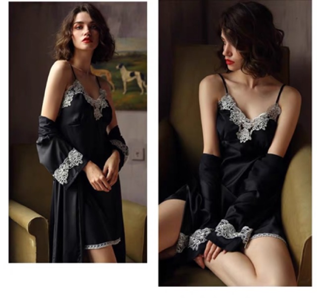 Váy ngủ quảng châu SX562-1 lụa satin phối ren kèm choàng cao cấp _Kubull | BigBuy360 - bigbuy360.vn