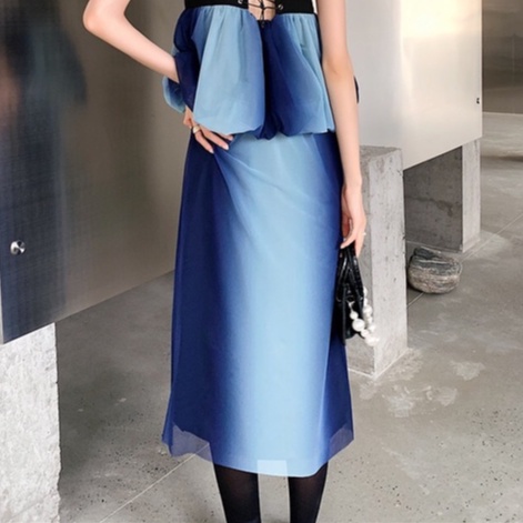 MUSHROOM LEE - Váy Suông Xanh Dương Lưng Cao Gradient