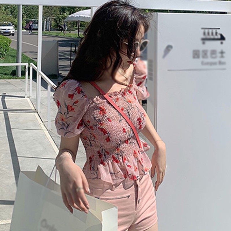 Áo Kiểu Chất Chiffon Tay Ngắn Hoạ Tiết Hoa Thiết Kế Cổ Chữ U Quyến Rũ