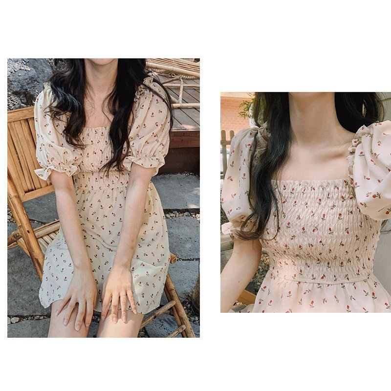 ĐẦM LỤA CỔ VUÔNG HỌA TIẾT HOA XINH DÀY DẶN [DRESS] ⚡Váy Hoa Nhí Nhún Ngực Hàn Quốc